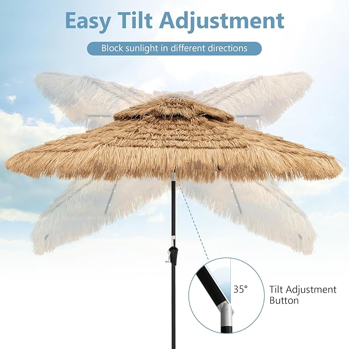 HAPPYGRILL 8.8 FT Hawaiian Style Umbrella with Lights, Outdoor Thatched Patio Tiki Umbrella with 8 Ribs, Manual Crank, 35° Tilt, for Beach, Backyard, Poolside