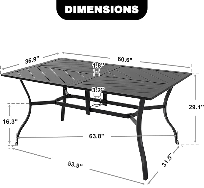 NUU GARDEN Outdoor Rectangle Dining Table, 61'' x 37'' Splice Tabletop with 1.77'' Umbrella Hole, Powder-Coated Iron Frames, for Outdoor or Indoor Space, Patio, Deck, Garden, Backyard, Kitchen, Black