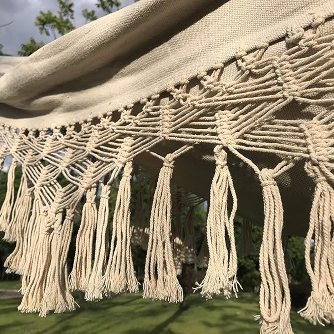 Handmade Cotton Woven Balcony Hammock Hanging Rope Chair Porch Swing with Crochet Fringe for Backyard Patio Garden Outdoor and Indoor Boho Style Natural White