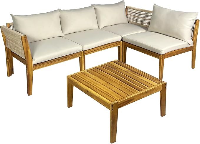 Kinger Home Steven 5-Piece Acacia Wood Outdoor Patio Furniture Set with Cushions Stylish and Durable Compact Wood Patio Furniture Set for Gardens, Decks, and Balconies