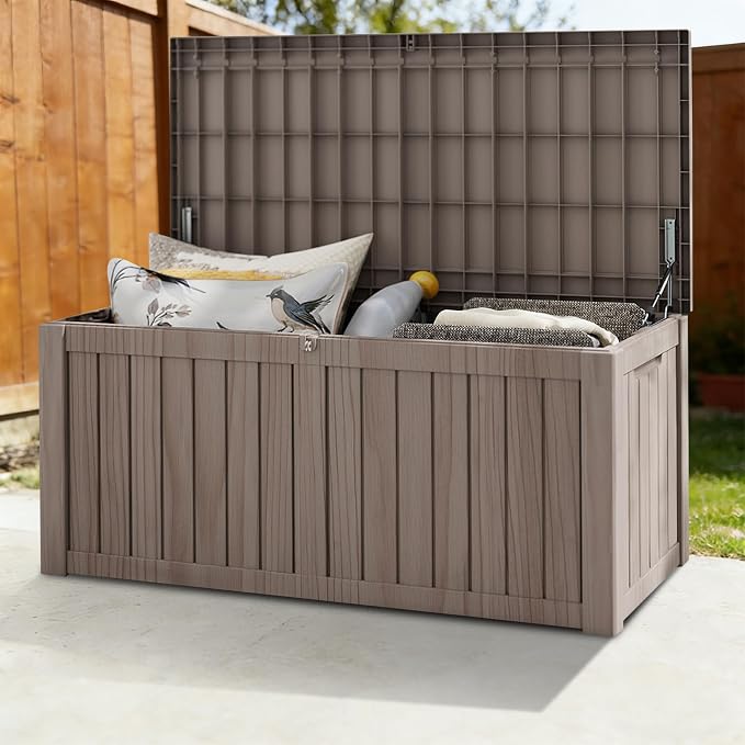 FEFLO 120 Gallon Resin Desk Boxes, Lockable Outdoor Storage Box | IP54 Weatherproof Package Delivery Boxes for Furniture, Toy, Shoe, Garden & Patio Tools Storage Outside - Brown