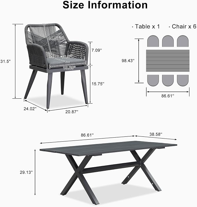 PURPLE LEAF Outdoor Patio Dining Set All-Weather PE Rattan Furniture Set with All Aluminum Frame Rectangular 7 Pieces Table and Chairs Set for 6 People Lawn Garden Backyard Deck, Grey