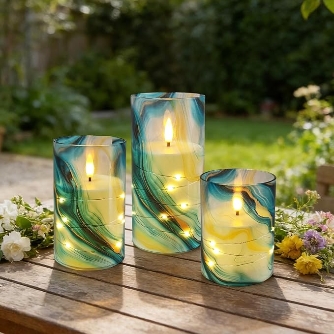 Flickering Flameless Candles, Recessed String Light LED Candles 3D Wick Acrylic Battery Operated LED Pillar Candles with Remote and Timer for Modern Simple Home Decor Set of 3(Marble Printed)