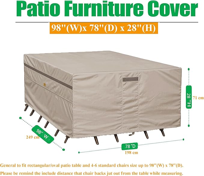 600D Heavy Duty Waterproof Patio Furniture Covers UV Resistant Rectangualr Outdoor Table and Chair Covers 98" Wx 78" D x 28" H Beige