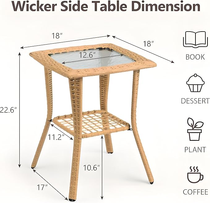 Outdoor Wicker Side Table with Glass Top, Rattan End Table for Patio Garden Porch Balcony, 2-Tier Beige Indoor Outdoor Coffee Bistro Table, Water Ripple Tempered Glass and Powder-Coated Steel Frame