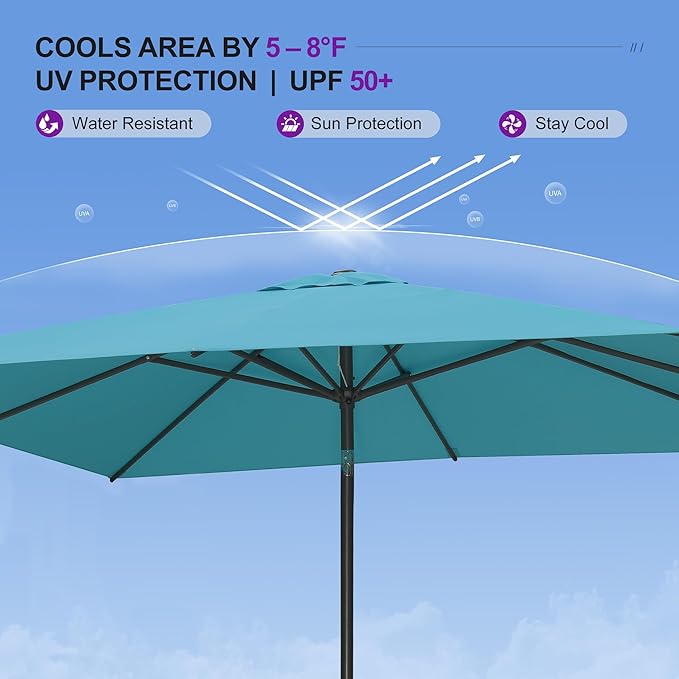 PURPLE LEAF 8' x 8' Square Patio Umbrella Outdoor Table Umbrella Aluminum Frame Market Umbrella with 8 Sturdy Ribs & Tilt for Garden Deck Lawn Pool Turquoise Blue