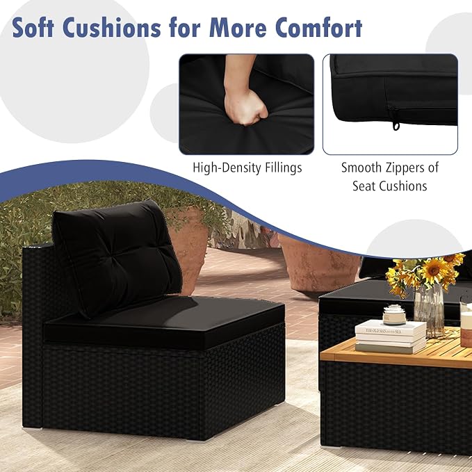 RELAX4LIFE 5-Piece Wicker Outdoor Furniture - PE Rattan Sectional Conversation Set w/4 Armless Sofas & Acacia Wood Coffee Table, Cushioned Patio Sofa Set for Garden Poolside Backyard Porch (Black)