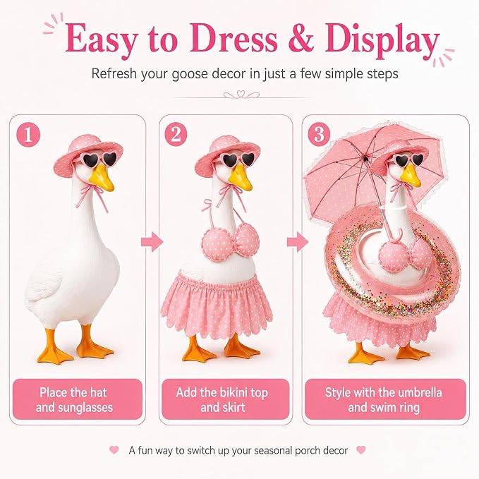Summer Porch Goose Outfits 23 Inch, Pink Polka Dot Porch Goose Bikini Set with Parasol Umbrella, Swim Ring, Sun Hat and Heart Sunglasses, Porch Goose Accessories for Yard Garden Patio Decor
