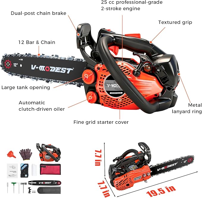 Top Handle Chainsaw, Gas Chainsaw 12 inch, 25cc 2-Stroke Climbing Saw, Gas Powered Small Chain Saw Lightweight 5.5 lbs for Tree Work, Wood Cutting & Pruning, Easy Control