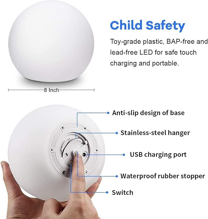 Borelor LED Ball Light, 8-Inch Rechargeable & Remote Control Globe Lights 16 RGB Colors Changing Indoor/Outdoor Night Light for Home/Party/Lawn/Desk Decoration