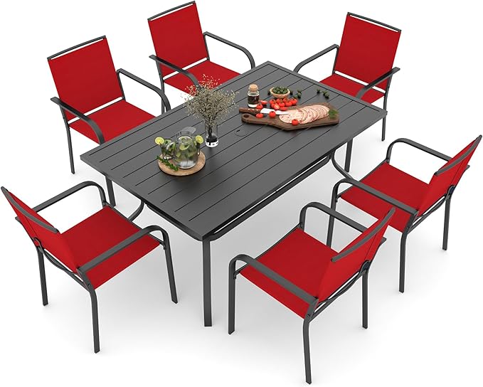 Anmutig Cherry Red Stackable Patio Chairs with 60"X38" Rectangular Outdoor Dining Set All Weather Furniture - 7 Piece