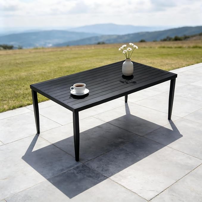 70” Patio Aluminum Dining Table, Outdoor Rectangle Dining Table with Tapered Feet & Umbrella Hole, All-Weather Modern Aluminum Table for Garden Backyard Bistro,Ember Black