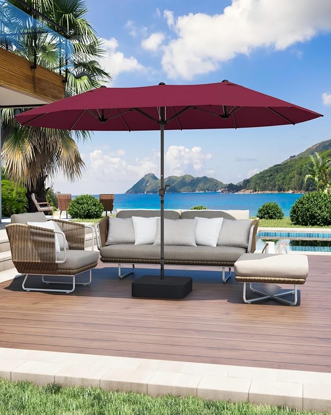 GDPFN 15FT Large Patio Umbrella with Base Included, Outdoor Deck Standing Umbrella with Crank Handle, Double-Side Rectangular Pool Umbrella for Outside, Market, Patio, Burgundy