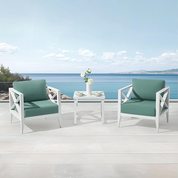 MBY Outdoor Aluminum Patio Furniture Set, 2-Seats Patio Conversation Sofa Set with 1 Coffee Table, All Weather for Pool, Balcony, Garden-White
