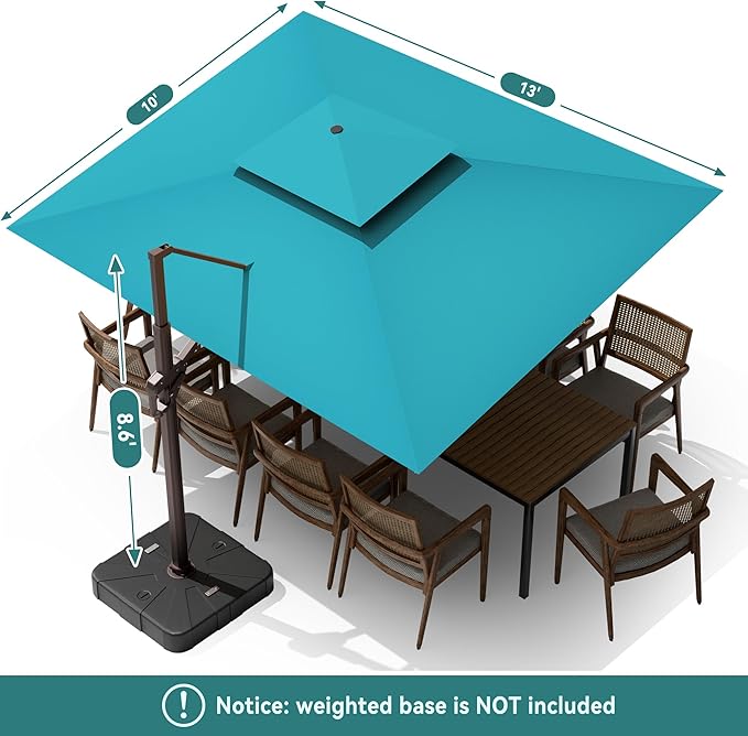 10 X 13 FT Cantilever Outdoor Patio Umbrella with Base Included Large Heavy Duty 360° Rotation Double Top Offset Rectangular Umbrellas with LED Lights for Backyard Outside Deck, Turquoise