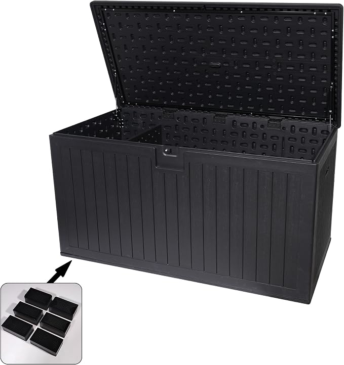 Extra Large Lockable Metal Deck Box, Waterproof Outdoor Patio Storage Container for Furniture Cushions, Pool Accessories & Garden Tools (Black + Plastic, 230, Gallons)