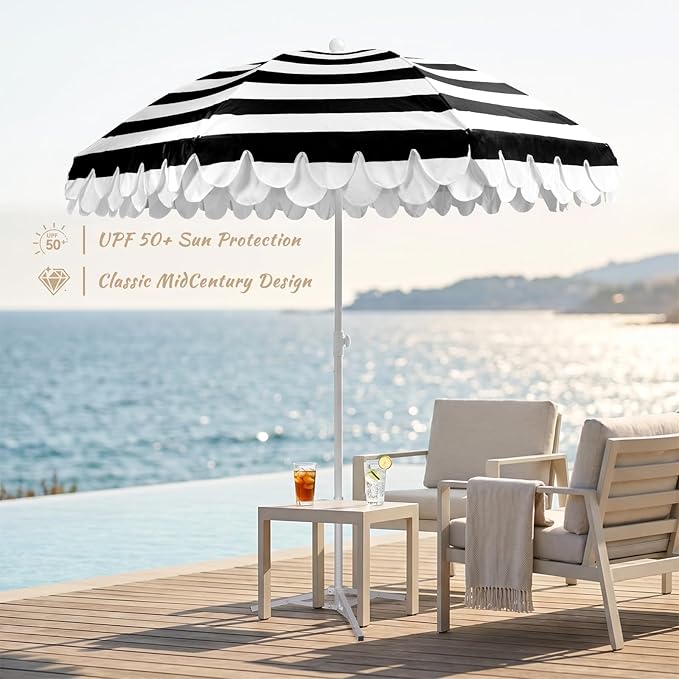 6.5Ft Valance Beach Umbrella, Classic Scalloped Fringe Umbrella with Push Button Tilt, UPF50+ Portable Outdoor Umbrellas with Carry Bag for Patio Garden Pool