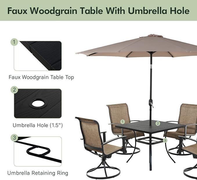 Grand patio Outdoor Dining Set of 5, Outdoor Table and Chairs Set, 4 Padded Mesh Sling Swivel Rocker Patio Chair & 36'' x36'' Square Dining Table(1.5'' Umbrella Hole), Mixed Coffee