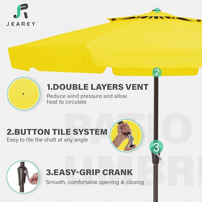 JEAREY 9' 2-Tiers Patio Umbrellas Outdoor Market Table Umbrella w/Push Button Tilt/Crank, 8 Sturdy Ribs, UV Protection Waterproof Sunproof(Yellow)