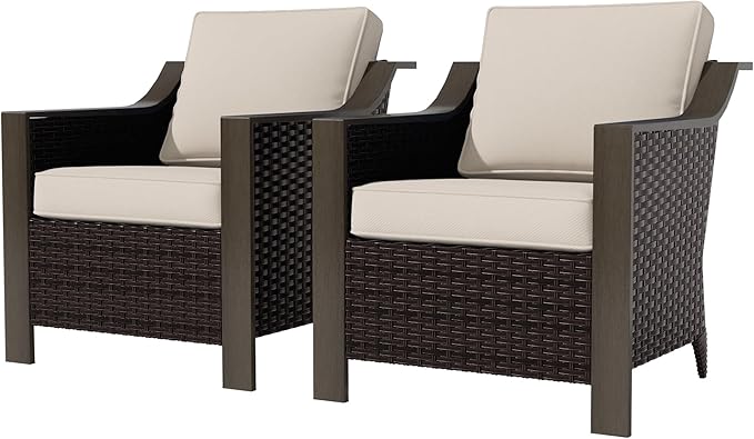 Outdoor Wicker Chair Set of 2, All-Weather Use Patio Rattan Chair with Removable Water-Resistant Cushion, Ideal for Porch, Backyard, Balcony, Poolside, Beige