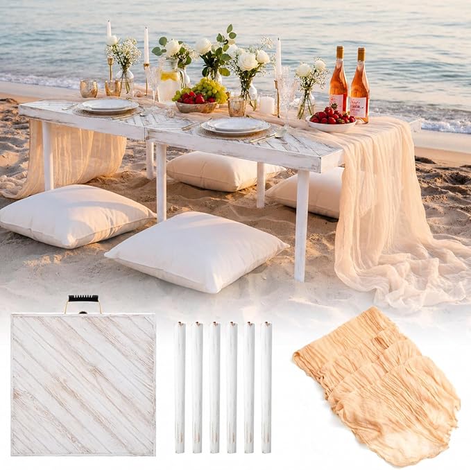Novabright 4 Person 21.5 x 43 Inches Boho Table Low Folding Picnic Table Beach Portable Low Wood Floor Event Foldable Garden Wedding Party Camping Picnic with Runner Set(Retro White)