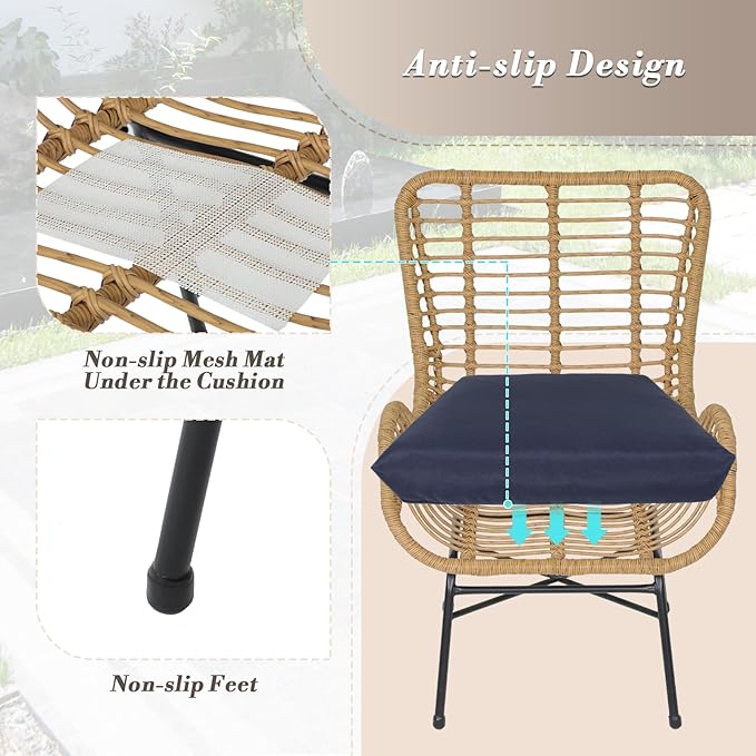 Athena Collection Patio Bistro Sets, 3 Piece All Weather Furniture Set Outdoor Conversation Set Glass Table and Rattan Chairs Set with Soft Cushions for Garden, Poolside, Backyard, Blue