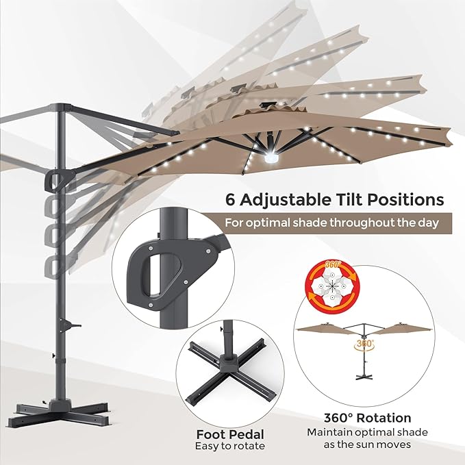 Tangkula 10ft Patio Umbrella with Solar Lights, Offset Cantilever Square Outdoor Umbrella with 35 LED Lights, Aluminum Pole, 360 Degree Rotation, Tilt Adjustment, Air Vent for Pool Deck Yard (Tan)