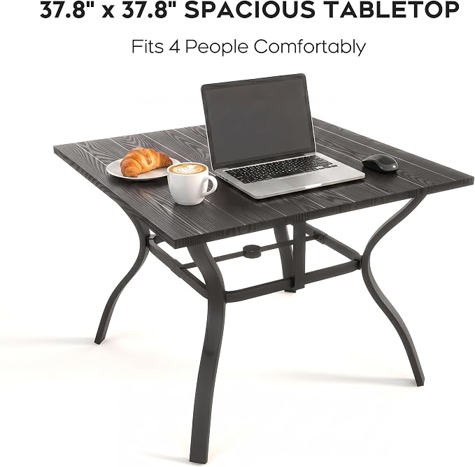 Patio Outdoor Dining Table, Wood-Grain Patio Square Table with Umbrella Hole, All-Weather Metal Dining Table for Party, Lawn & Garden (37.8“ x 37.8”) Black
