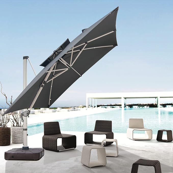 Cantilever Patio Umbrella with Cross Base and Cover Included - 360° Rotation Large Heavy Duty Offset Outdoor Umbrella with Easy Tilt for Pool Backyard Deck Garden (11x11 FT Grey)