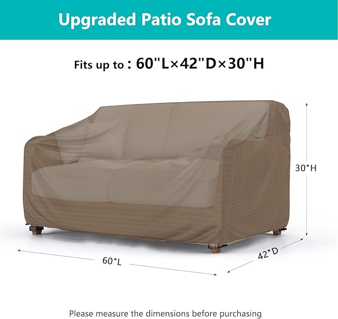 Patio Sofa Cover Waterproof - Heavy Duty 2-Seater Outdoor Couch Cover, Patio Furniture Covers with Air Vent and Handles, 60" L ×42" D×30" H, Brown