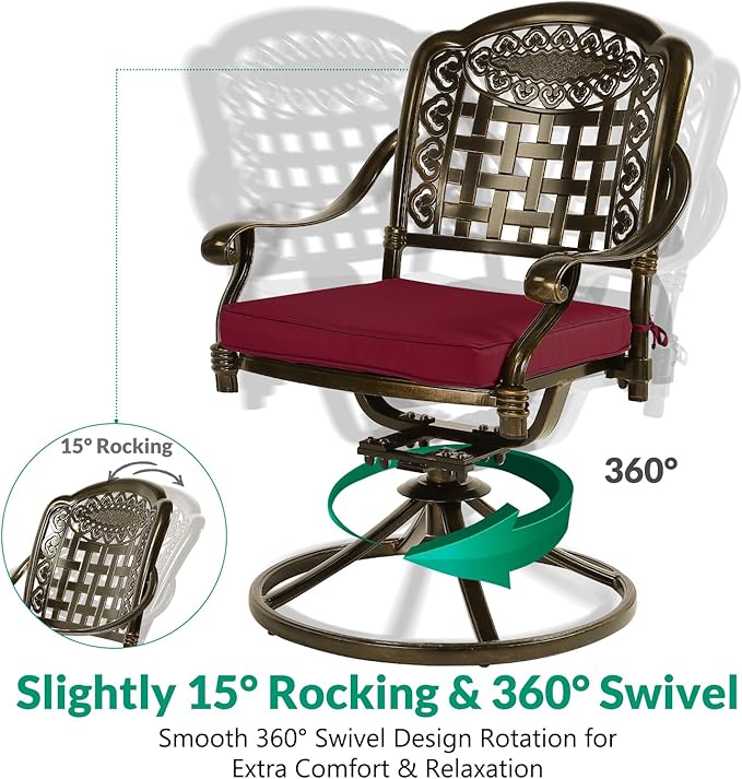 VIVIJASON 5-Piece Outdoor Patio Dining Set, All-Weather Cast Aluminum Conversation Set for Balcony, Patio Furniture Set Include 4 Swivel Cushioned Chairs, 1 Square Table w/Umbrella Hole, Red Cushion