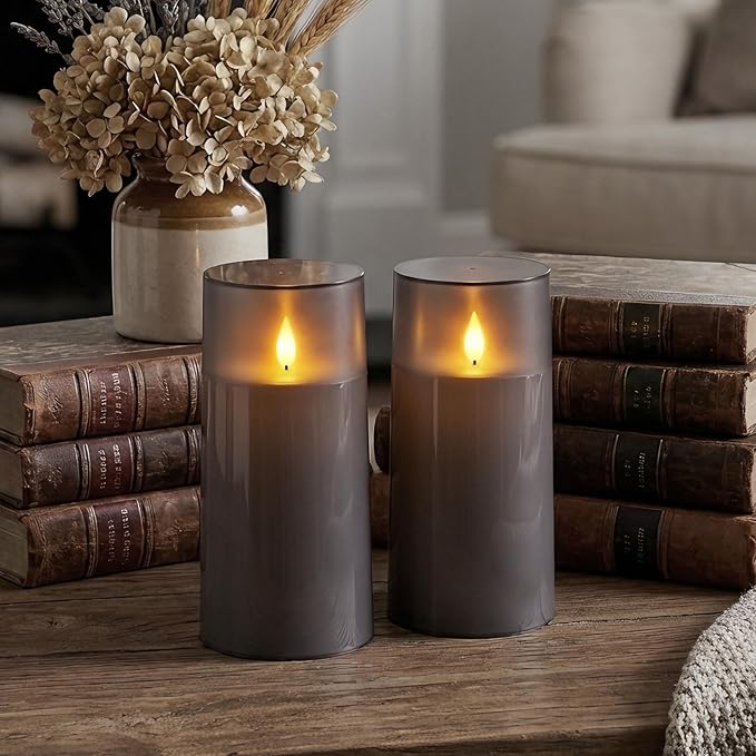 Homemory 3"×6" Battery Candles with Remote & Timer,Gray Acrylic Realistic Flickering LED Pillar Candles, Waterproof Fake Candle for Home and Lantern Decor, Set of 2