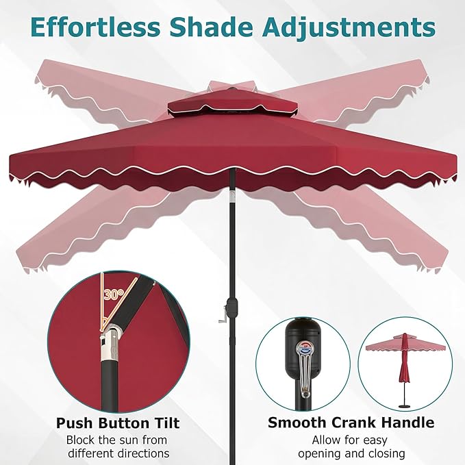 Happygrill 10 FT Patio Umbrella, Scalloped Outdoor Table Market Umbrella with Push Button Tilt & Crank, 2-Tier Vented Top, Heavy-Duty 8 Metal Ribs, Sun-Protective Canopy, Ruffle for Deck Pool Garden (Red)