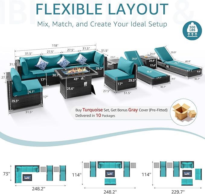 NICESOUL 11 Piece Outdoor Patio Furniture Set with Fire Pit Natural Gas/Propane, 29.3'' High Back Comfy Wicker Seactional w/Chaise Lounge, Large Deep Seat Backyard Seating, Turquoise & Grey