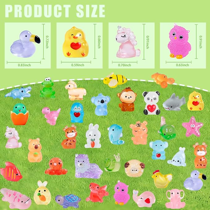 50 Pcs Luminous Mini Resin Animals Variety Pack, No Duplicates | Waterproof, Fade-Resistant DIY Craft Supplies for Fairy Garden, Aquarium, Terrarium