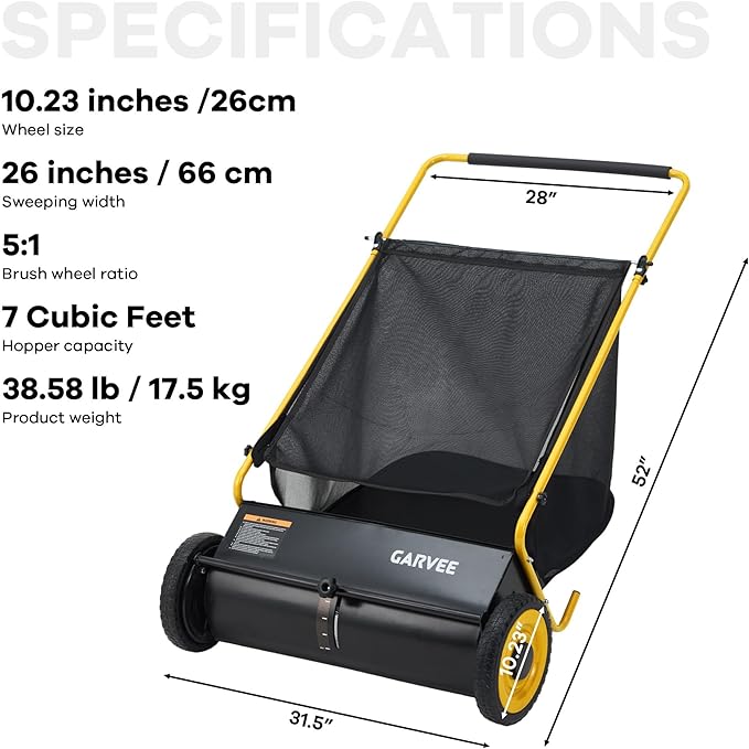 Garvee Push Lawn Sweeper, 26 in Leaf & Grass Collector with 7 Cu. ft. Hopper Bag, 4 Spinning PP Brushes, Durable Steel Construction, Adjustable Height & Rubber Tires for Leaves Grass Cleanup