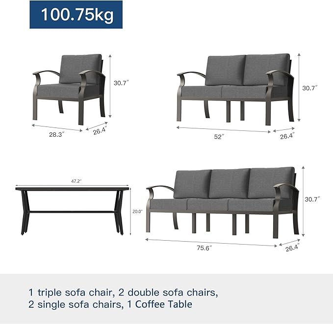 Kullavik Aluminum Patio Furniture Set with Rectangular Coffee Table,7-seat Metal Outdoor Sectional Furniture w/5.1" Cushions,Patio Conversation Sets for Garden,Backyard,Porch-Grey