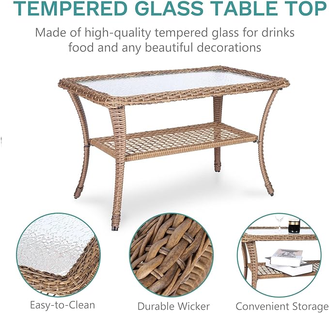 MEETWARM Outdoor Wicker Patio Glider Set, Loveseat for 2 Person Porch Furniture Glider with Glass-Top Coffee Table, Patio Glider Rocking Bench with Thickened Cushions, Brown