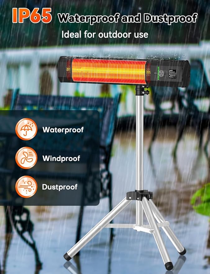 1500W Outdoor Heaters for Patio with 9 Heating Levels, IP65 Waterproof, 9H Timer, 25FT Remote Electric Patio Heaters for Outdoor Use, Tip-Over & Overheat Protection for Home, Office, Garage