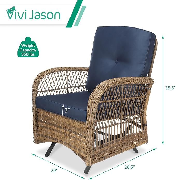 VIVIJASON 2-Piece Outdoor Wicker Glider Rocking Chair, Patio Rattan Swing Glider Chairs with Cushions & Steel Frame, All-Weather Gliding Lawn Wicker Furniture for Garden Backyard Porch, Navy Blue