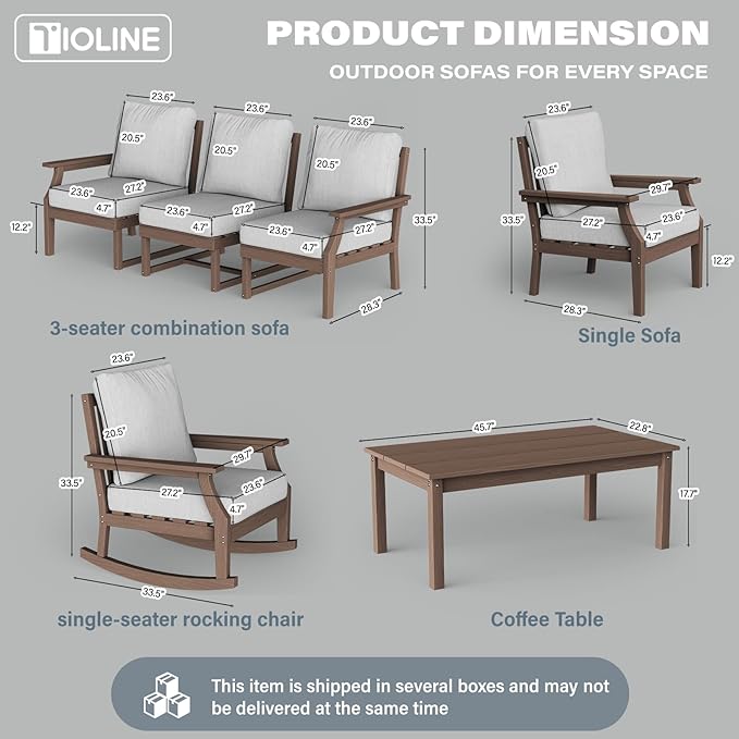 HDPE Patio Conversation Set, 6-Piece All Weather Outdoor Furniture Set with 1 Single Rocking Armchairs for Deck, Lawn, with Cushion, Brown