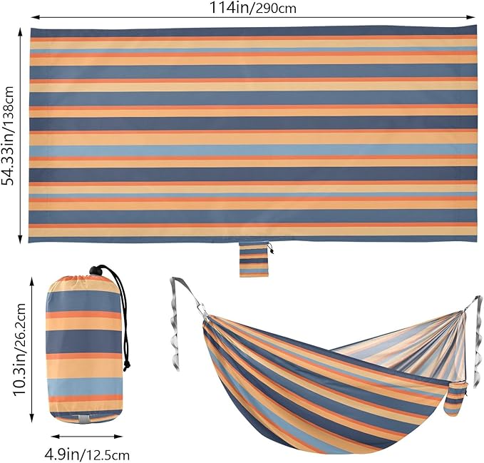 Camping Hammock Outdoor Hammocks for Outside Stripe Blue Orange Beach Trees Portable Lightweight with Pockets Tree Straps Indoor
