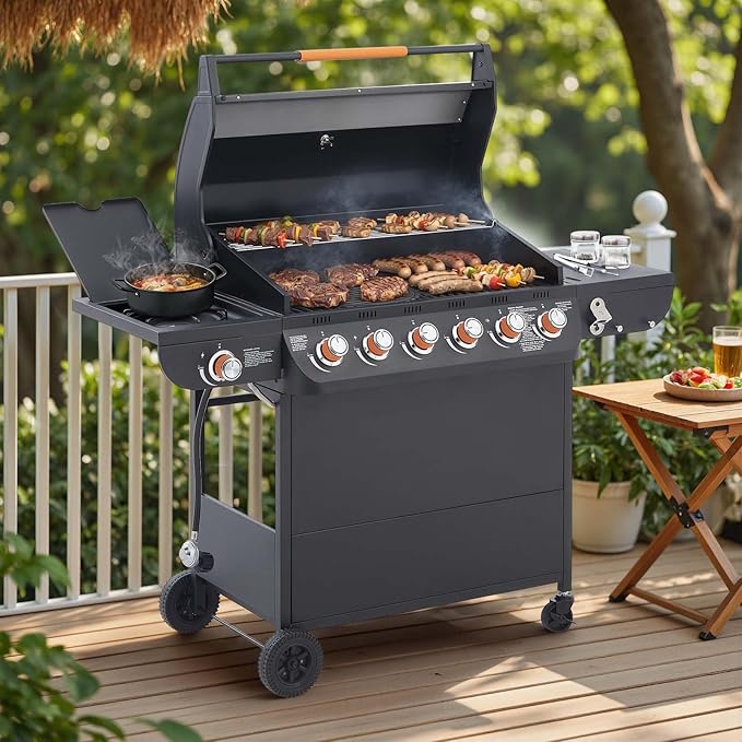 6-Burner Propane Gas BBQ Grill with Side Burner, 72,000 BTU Stainless Steel Barbecue Grill with Cast Iron Grates and Side Table for Outdoor Cooking Kitchen Patio