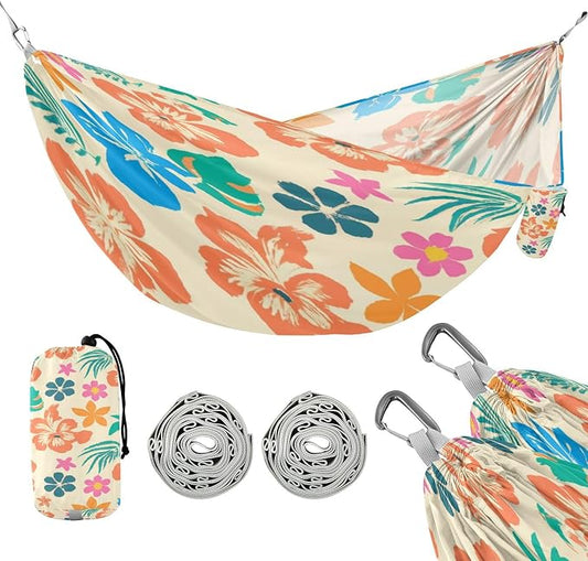 Flowers Camping Hammock, Portable Lightweight Single Hammock with Tree Straps and Aluminum Carabiners, 114" x 54" Travel Hammock for Hiking Backpacking Beach
