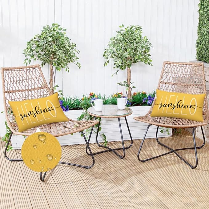 RABUSOFA Outdoor Waterproof Pillows Decorative Throw Pillows,12x20 Inch Hello Sunshine Summer Pillow Covers,Yellow Mustard Waterproof Pillow Cases for Patio Furniture Garden Spring(2-12)
