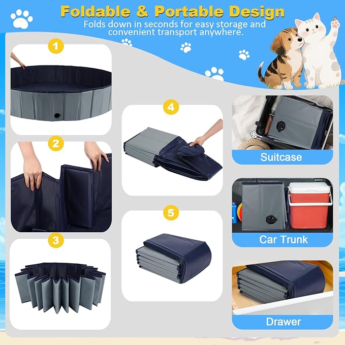 Eooqi Foldable Dog Pool, Collapsible Pet Bath Tub & Kiddie Wading Pool, Portable Hard-Side Dog Swimming Pool for Puppies, Small & Medium Dogs, Cats and Kids (Gray, 39.5"-M)
