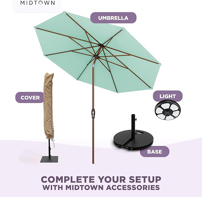 Midtown Umbrellas Wooden 2-8 Ft Patio Umbrella with 360° Swivel & Tilt Mechanism, 8 Fiberglass Ribs & Sunbrella Fabric - Outdoor Umbrella for Deck, Pool & Garden - Burgundy Canopy, Wooden Pole