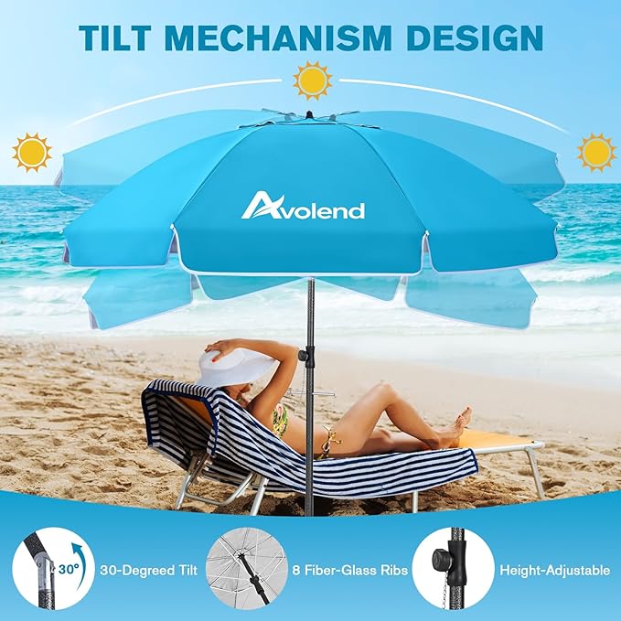 8.5FT Beach Umbrella, Portable Outdoor Umbrellas for Sand with Anchor Heavy Duty High Windproof, Height Adjustable Tilt Iron Pole, Patio Umbrella UV 50+ Protection Air Vent, Patio Garden Pool