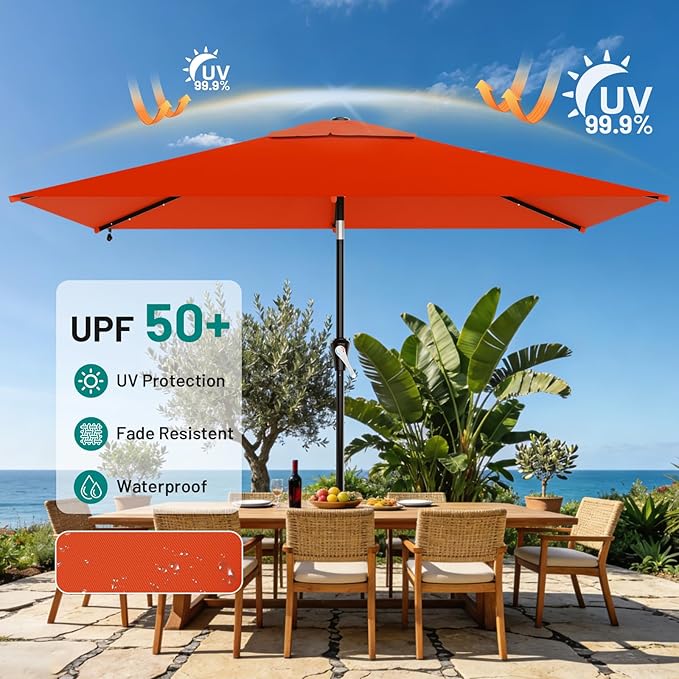 AreShark 6.5' x 10' Rectangular Patio Umbrella with Solar Lights, Solar Powered Lighted Market Umbrella w/Tilt and Crank, Outdoor Table Umbrella for Garden, Deck, Backyard, Pool and Beach, Orange
