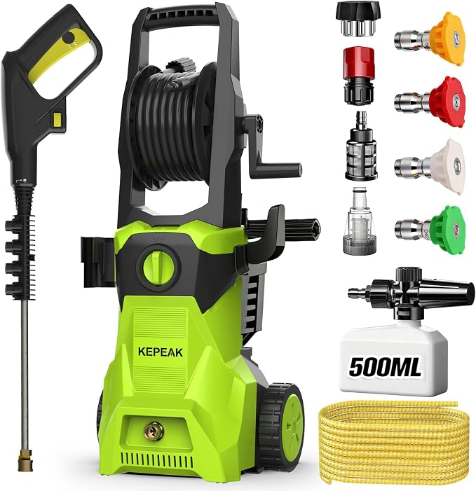 KEPEAK 5000PSI Portable PowerWasher with 4 Quick Connect Nozzles, Foam Cannon, 52ft Hose Reel, for Cars Fences Driveways Patios